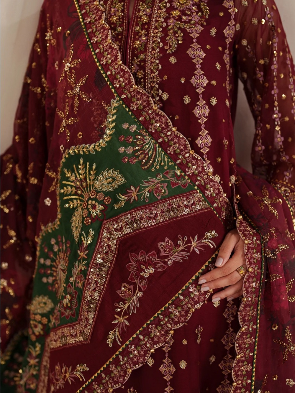 Embroidered Maroon & Green Formal Ethnic Outfit